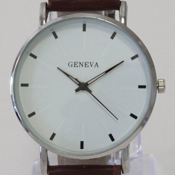 Men's Minimalist Fashion Watch Silver Case White Dial Brown Strap 40mm - Picture 9 of 14